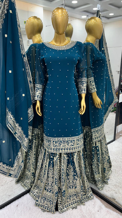 Heavy Faux Georgette Embroidery Sequence Gharara Suit Set | Rivet Moti Work | Fully Stitched