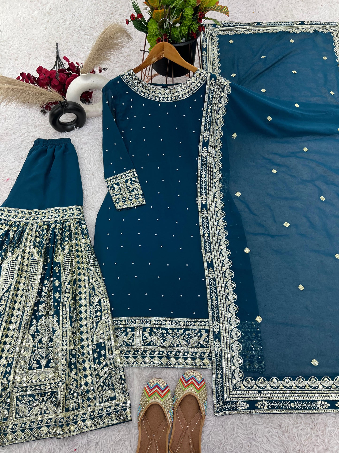 Heavy Faux Georgette Embroidery Sequence Gharara Suit Set | Rivet Moti Work | Fully Stitched