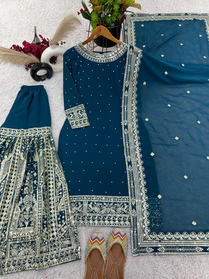Heavy Faux Georgette Embroidery Sequence Gharara Suit Set | Rivet Moti Work | Fully Stitched