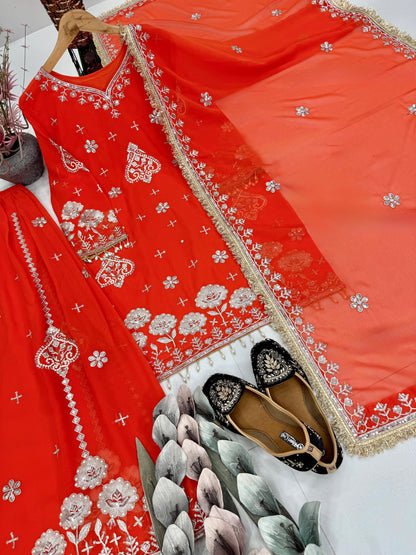 Party Wear Heavy Faux Georgette Embroidered Suit Set | Sequins & Pearl Hand Work