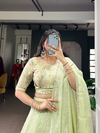 Allen Crush Fabric Lehenga Choli Set with Sequins & Beads Blouse, Lace Dupatta – Tea Green Festive Wear