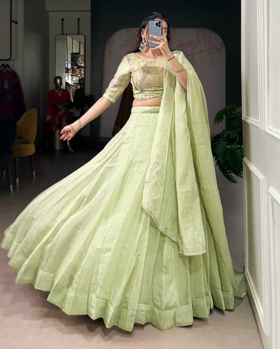 Allen Crush Fabric Lehenga Choli Set with Sequins & Beads Blouse, Lace Dupatta – Tea Green Festive Wear