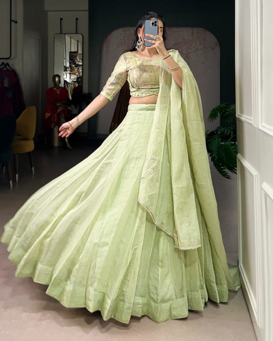 Allen Crush Fabric Lehenga Choli Set with Sequins & Beads Blouse, Lace Dupatta – Tea Green Festive Wear