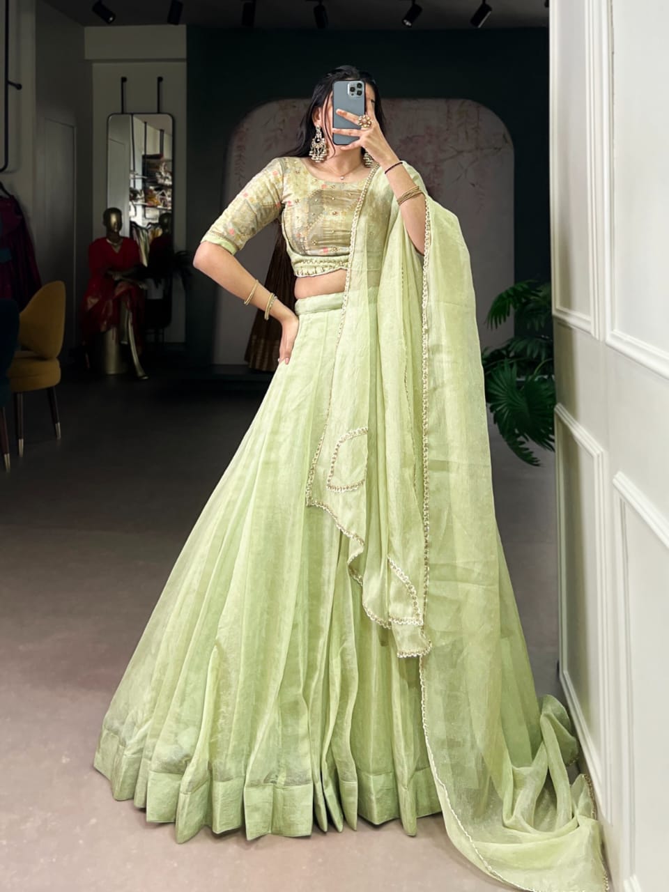Allen Crush Fabric Lehenga Choli Set with Sequins & Beads Blouse, Lace Dupatta – Tea Green Festive Wear