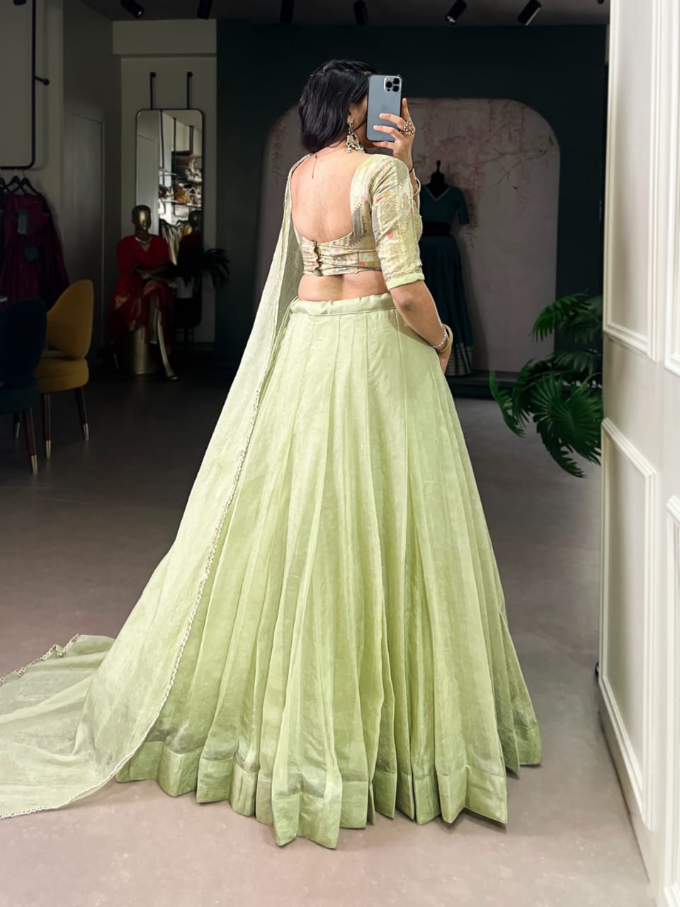 Allen Crush Fabric Lehenga Choli Set with Sequins & Beads Blouse, Lace Dupatta – Tea Green Festive Wear