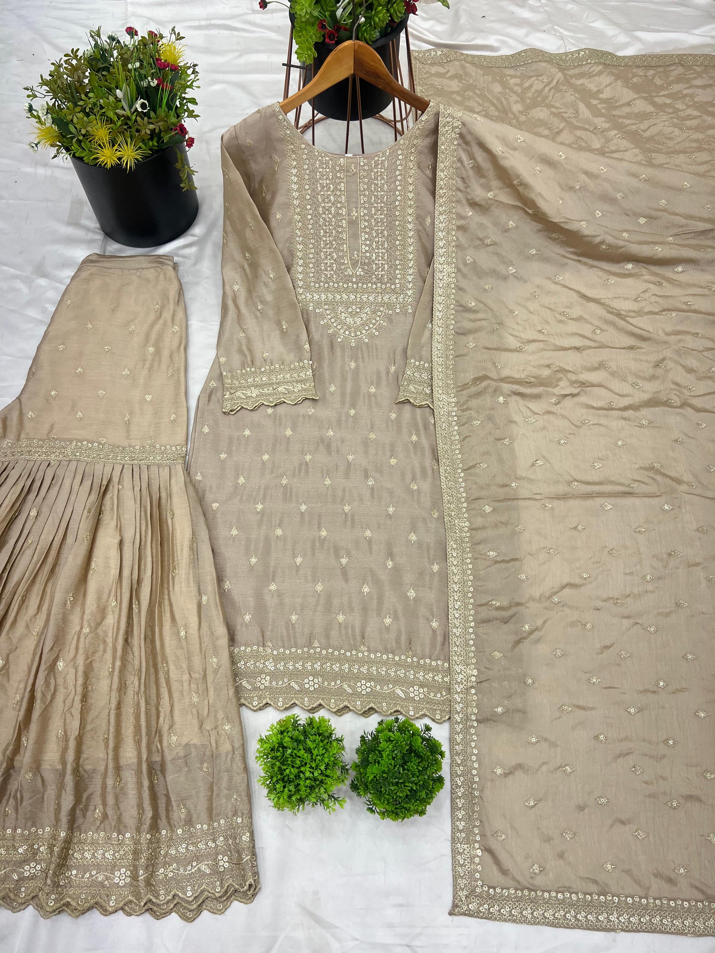 Designer Party Wear Sharara Set in Heavy Chinon Silk with Embroidery & Sequins, Fully Stitched Top, Sharara & Dupatta for Wedding & Festive Wear