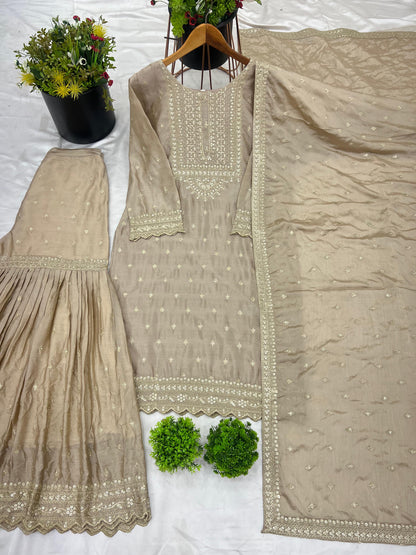 Designer Party Wear Sharara Set in Heavy Chinon Silk with Embroidery & Sequins, Fully Stitched Top, Sharara & Dupatta for Wedding & Festive Wear