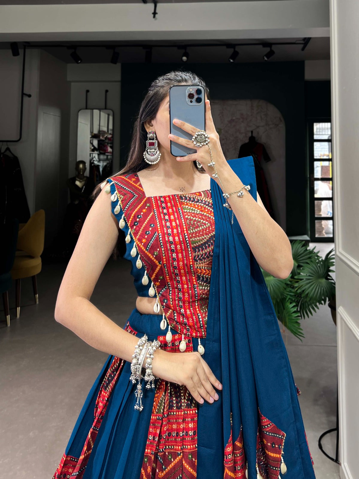 Premium Pure Cotton Lehenga Choli Set with Foil Print & Cowrie Lace | Fully Stitched Lehenga, Blouse & Dupatta | Festive & Wedding Wear