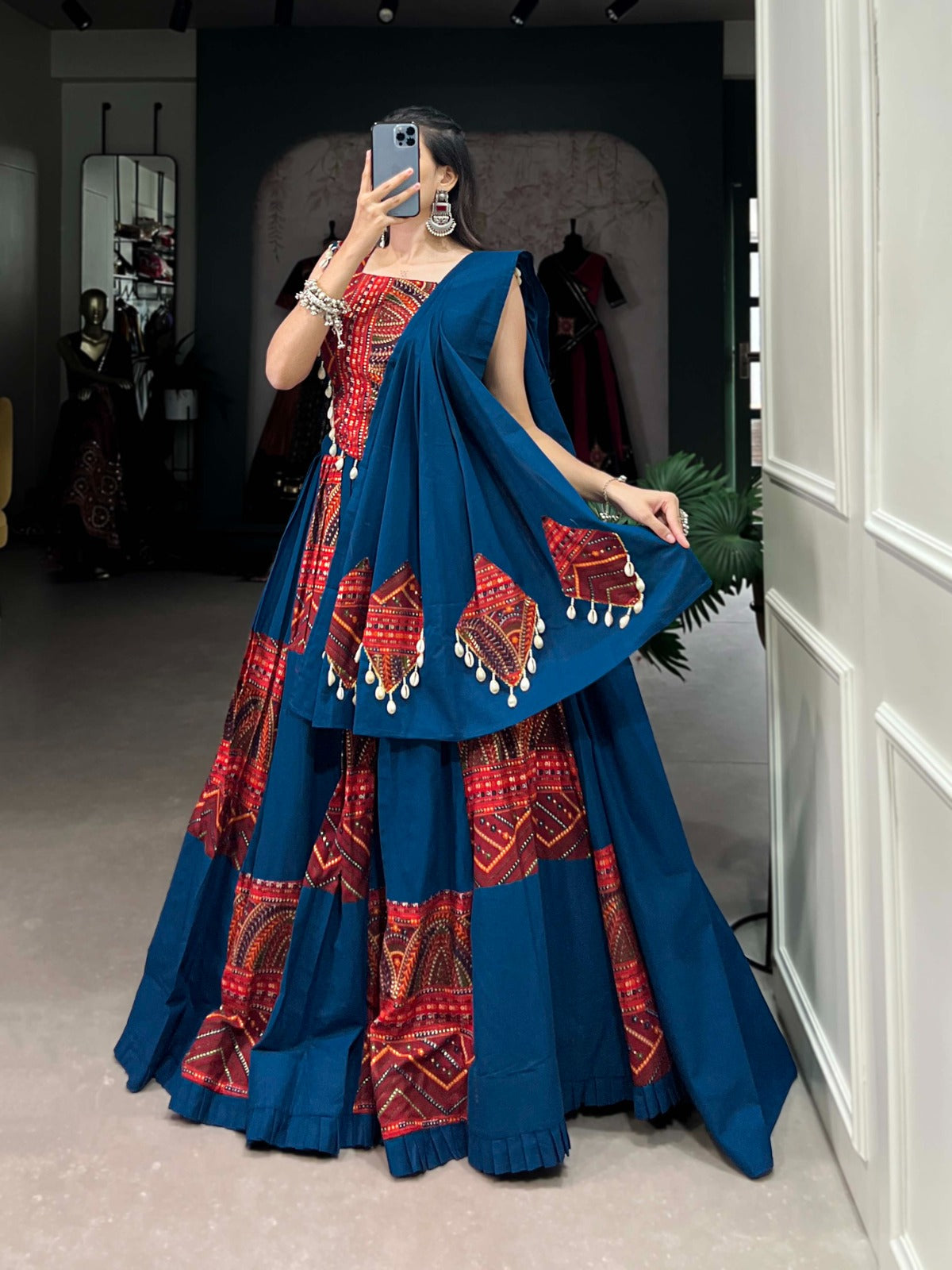 Premium Pure Cotton Lehenga Choli Set with Foil Print & Cowrie Lace | Fully Stitched Lehenga, Blouse & Dupatta | Festive & Wedding Wear