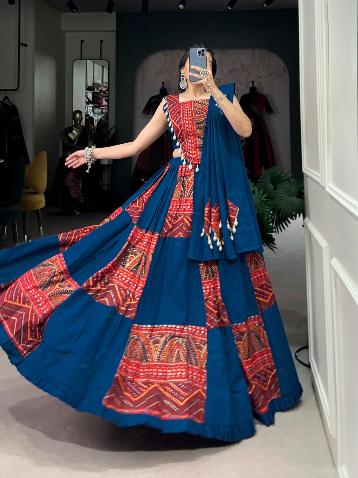 Premium Pure Cotton Lehenga Choli Set with Foil Print & Cowrie Lace | Fully Stitched Lehenga, Blouse & Dupatta | Festive & Wedding Wear