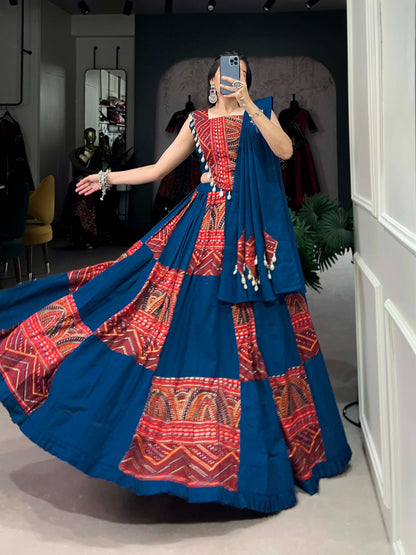 Premium Pure Cotton Lehenga Choli Set with Foil Print & Cowrie Lace | Fully Stitched Lehenga, Blouse & Dupatta | Festive & Wedding Wear