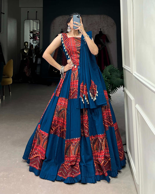 Premium Pure Cotton Lehenga Choli Set with Foil Print & Cowrie Lace | Fully Stitched Lehenga, Blouse & Dupatta | Festive & Wedding Wear