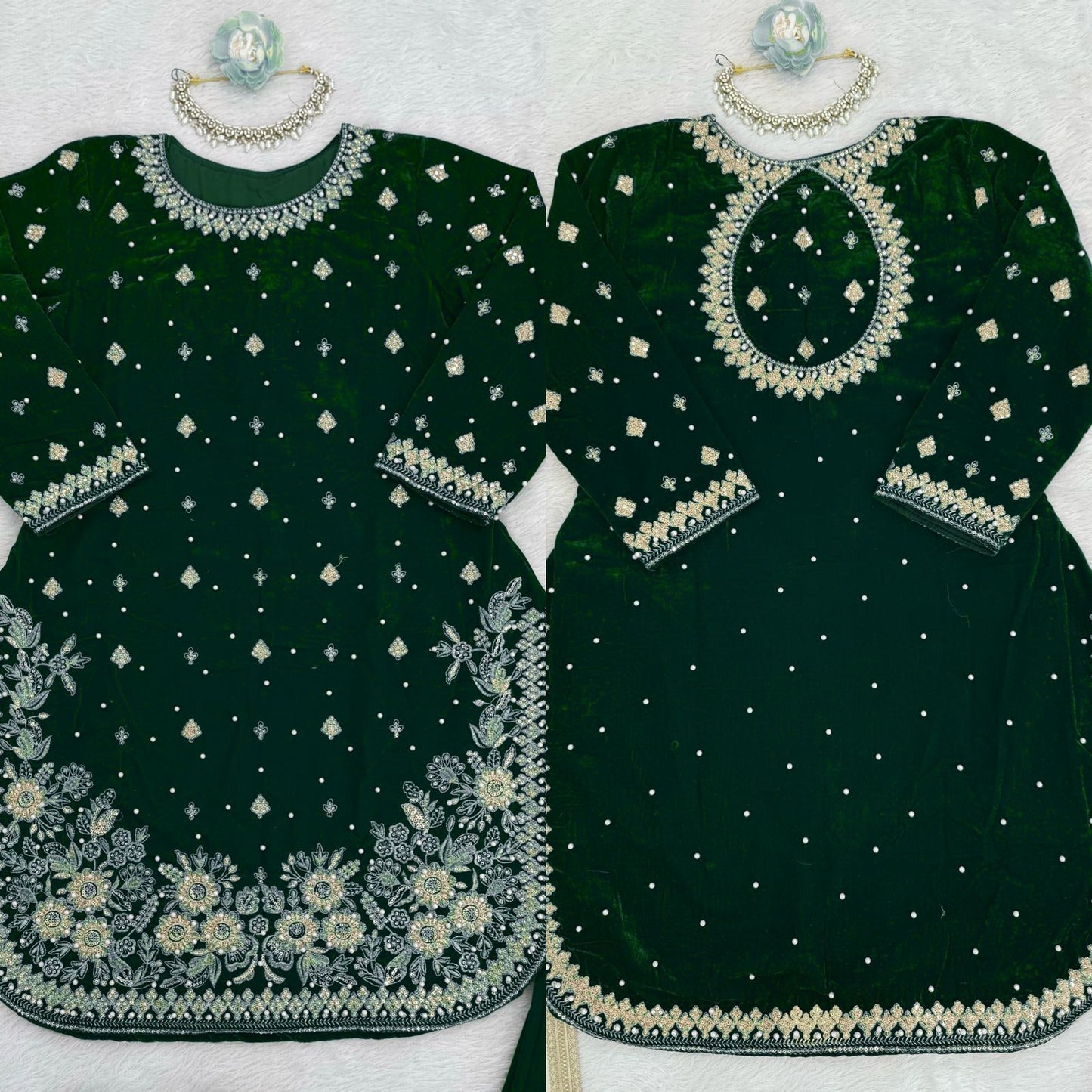 Premium Velvet Designer Palazoo Set | Pearl Work Co-Ord | Festive & Wedding Wear Set for Women