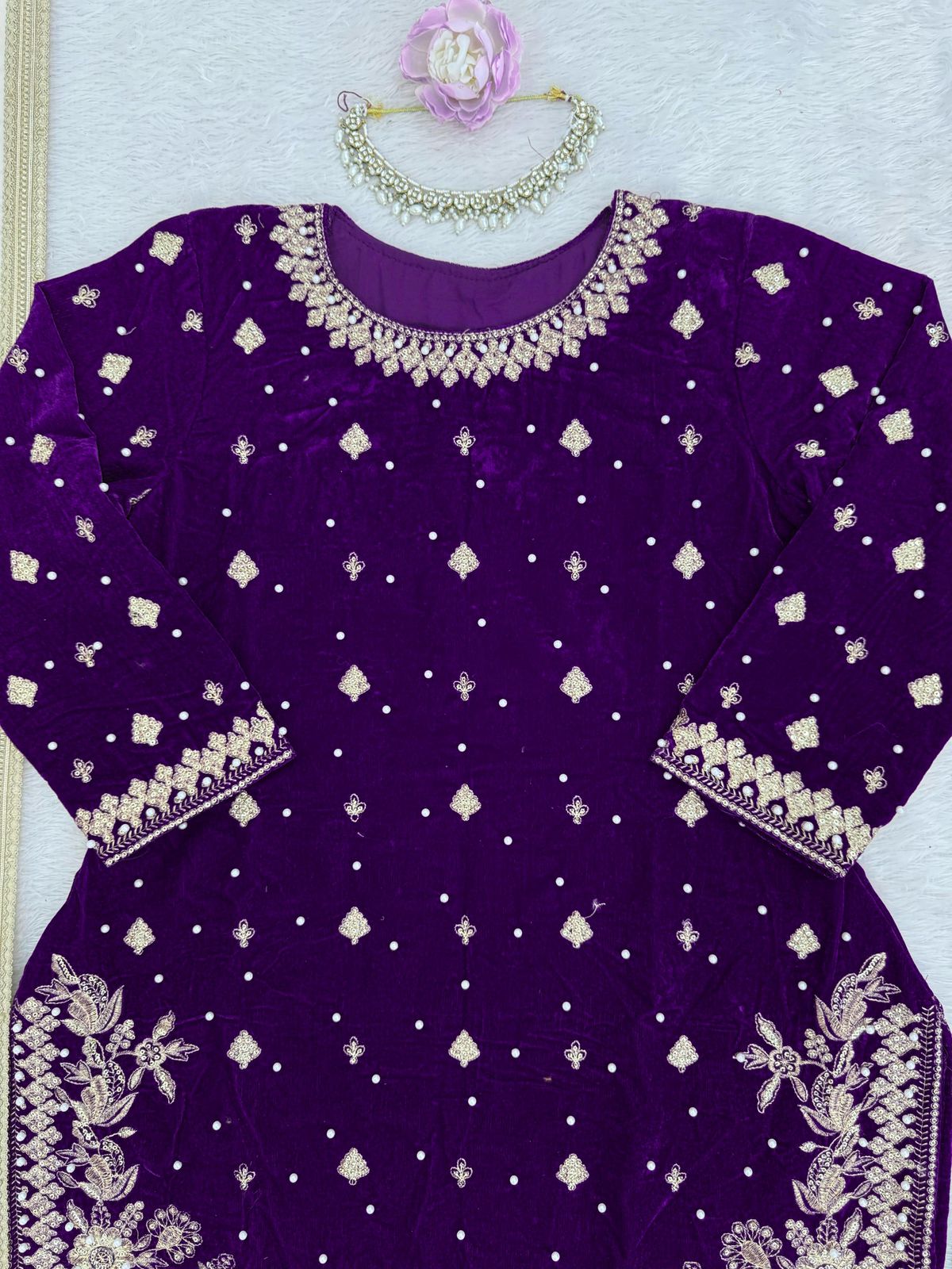 Premium Velvet Designer Palazoo Set | Pearl Work Co-Ord | Festive & Wedding Wear Set for Women