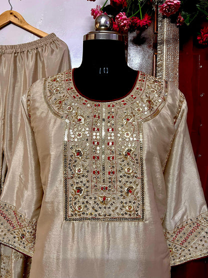 New Designer Chinon Silk Kurti Sharara Set with Sequins & Thread Embroidery and Georgette Dupatta (Fully Stitched)