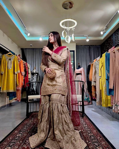 New Designer Chinon Silk Kurti Sharara Set with Sequins & Thread Embroidery and Georgette Dupatta (Fully Stitched)