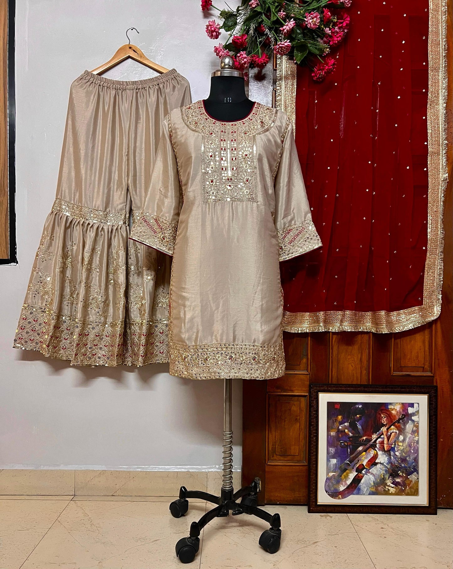 New Designer Chinon Silk Kurti Sharara Set with Sequins & Thread Embroidery and Georgette Dupatta (Fully Stitched)