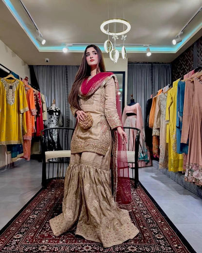 New Designer Chinon Silk Kurti Sharara Set with Sequins & Thread Embroidery and Georgette Dupatta (Fully Stitched)