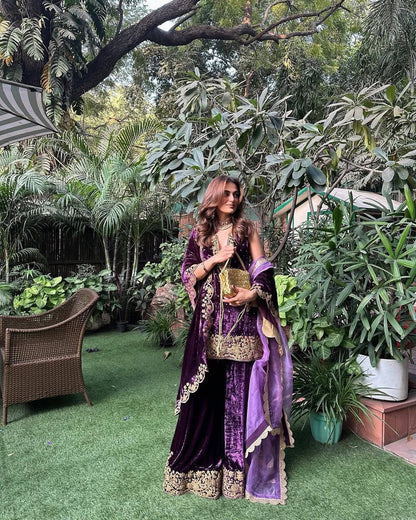 Premium Velvet Kurti Plazzo Dupatta Set with 5mm Sequins & Zari Embroidery | Fully Stitched Designer Festive & Wedding Wear for Women