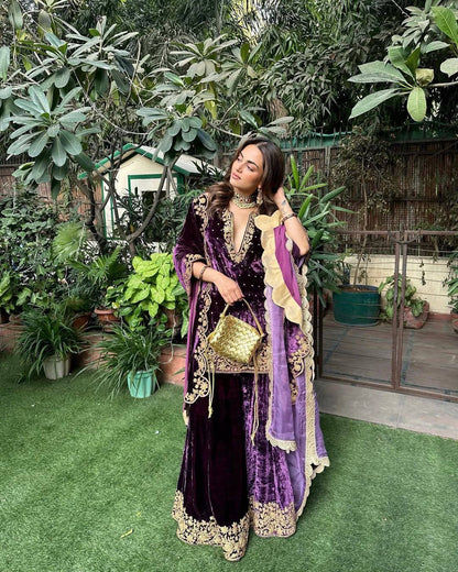 Premium Velvet Kurti Plazzo Dupatta Set with 5mm Sequins & Zari Embroidery | Fully Stitched Designer Festive & Wedding Wear for Women