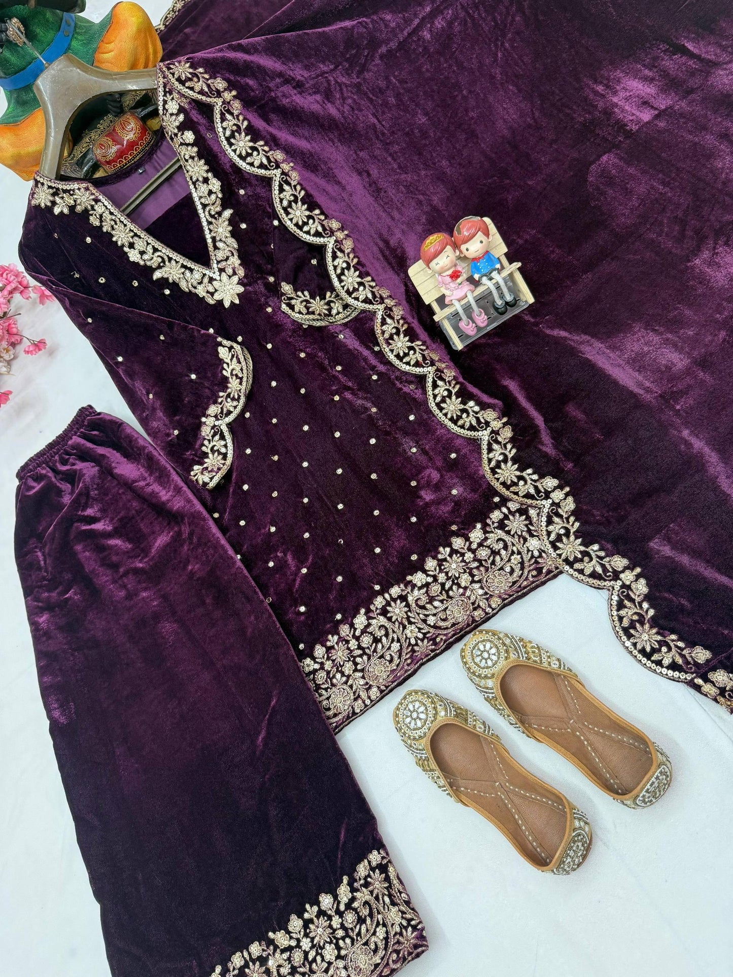 Premium Velvet Kurti Plazzo Dupatta Set with 5mm Sequins & Zari Embroidery | Fully Stitched Designer Festive & Wedding Wear for Women