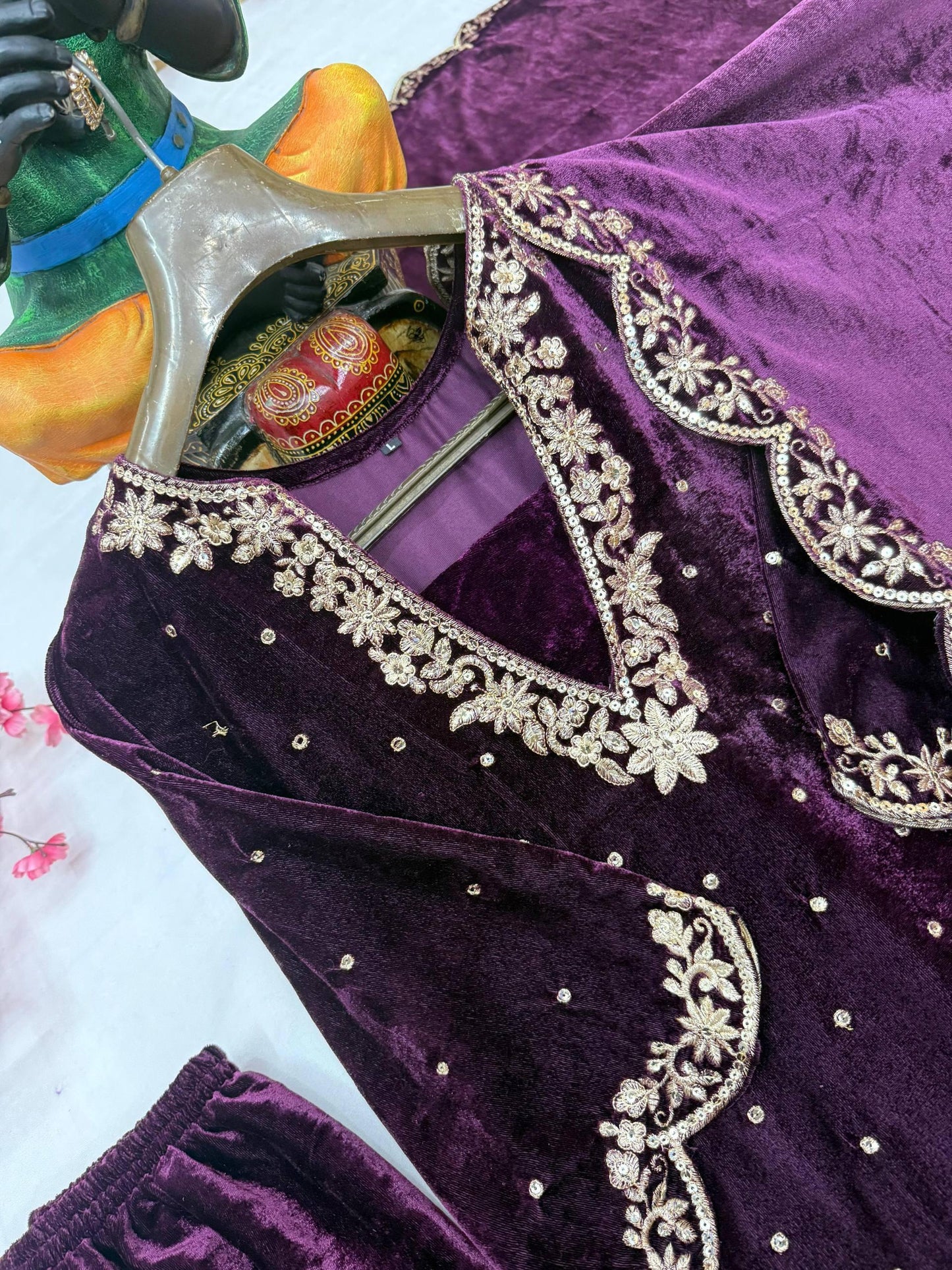 Premium Velvet Kurti Plazzo Dupatta Set with 5mm Sequins & Zari Embroidery | Fully Stitched Designer Festive & Wedding Wear for Women