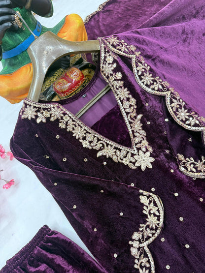 Premium Velvet Kurti Plazzo Dupatta Set with 5mm Sequins & Zari Embroidery | Fully Stitched Designer Festive & Wedding Wear for Women