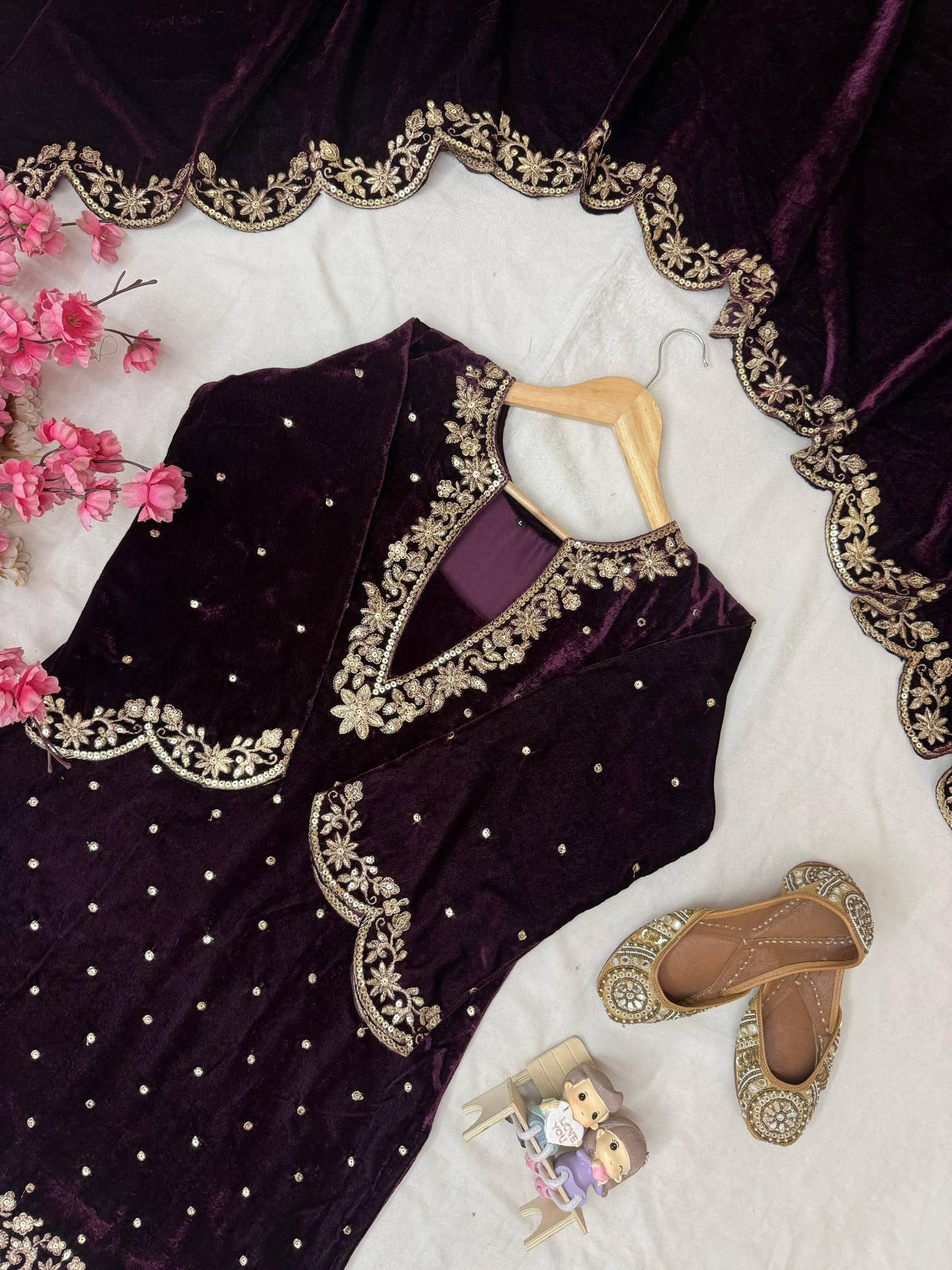Premium Velvet Kurti Plazzo Dupatta Set with 5mm Sequins & Zari Embroidery | Fully Stitched Designer Festive & Wedding Wear for Women