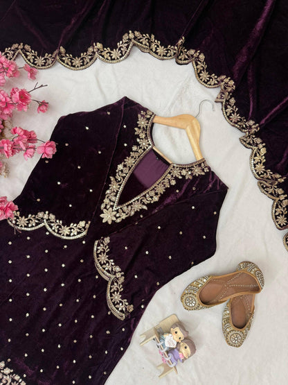 Premium Velvet Kurti Plazzo Dupatta Set with 5mm Sequins & Zari Embroidery | Fully Stitched Designer Festive & Wedding Wear for Women