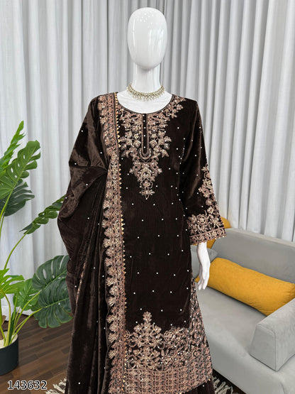 Premium Designer Viscose Velvet Top Plazzo Dupatta Set with Sequins & Coding Work – Party & Festive Wear