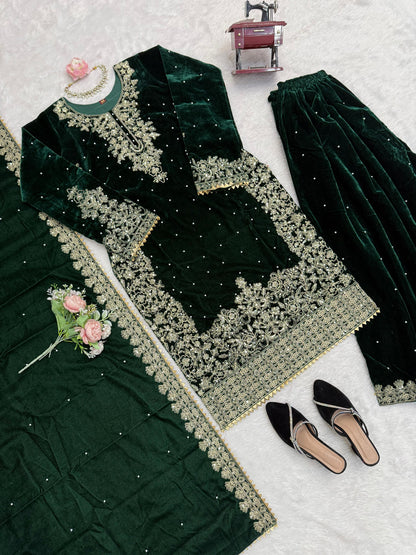 Premium Designer Viscose Velvet Top Plazzo Dupatta Set with Sequins & Coding Work – Party & Festive Wear