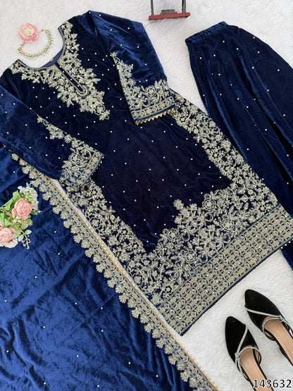 Premium Designer Viscose Velvet Top Plazzo Dupatta Set with Sequins & Coding Work – Party & Festive Wear