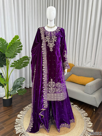 Premium Designer Viscose Velvet Top Plazzo Dupatta Set with Sequins & Coding Work – Party & Festive Wear