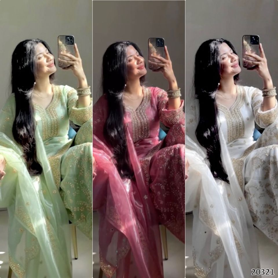 Three images of a woman in different traditional outfits, each with a phone case displaying '2021'.