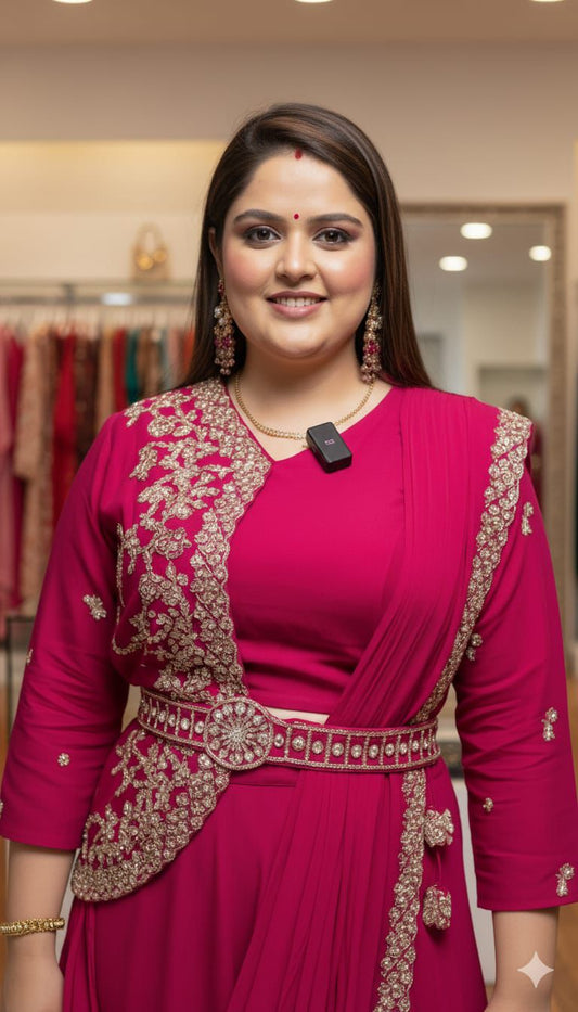 Woman wearing a pink traditional outfit with gold embroidery in a store setting
