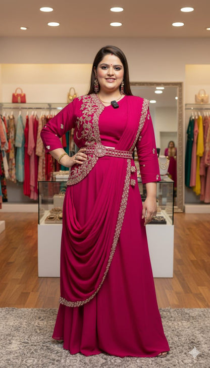 Woman in a pink traditional outfit with gold embellishments in a clothing store.