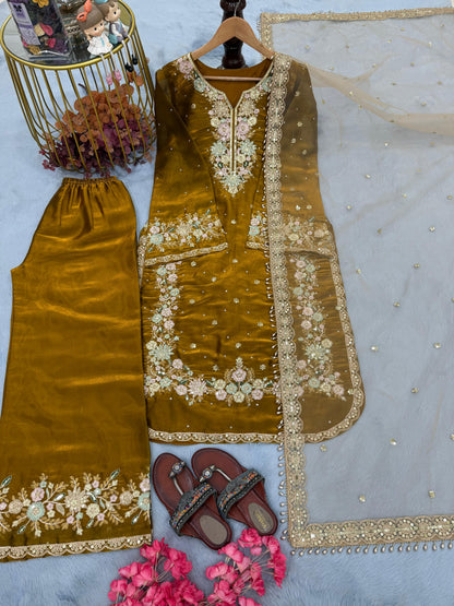 Designer Jimmy Choo Top Palazzo Dupatta Set with Heavy 5mm Sequin, Diamond & Moti Handwork | Ready to Wear Party & Wedding Ethnic Wear