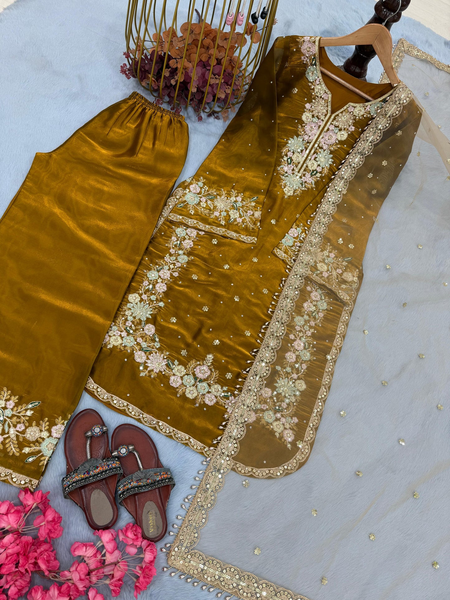 Designer Jimmy Choo Top Palazzo Dupatta Set with Heavy 5mm Sequin, Diamond & Moti Handwork | Ready to Wear Party & Wedding Ethnic Wear