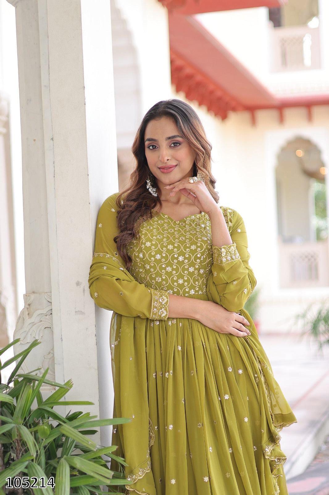 Partywear Gown: Premium Faux Georgette Embroidered Gown Dupatta Set with Zari & Sequins Work, 3 Meter Flair – Wedding & Festive Wear