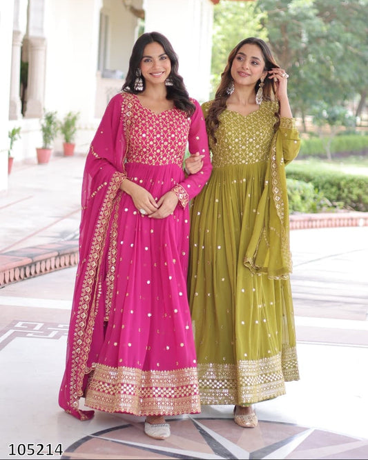 Partywear Gown: Premium Faux Georgette Embroidered Gown Dupatta Set with Zari & Sequins Work, 3 Meter Flair – Wedding & Festive Wear