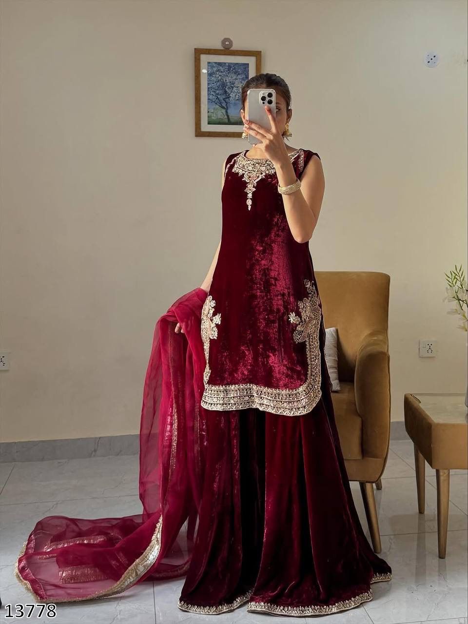 New Designer Embroidered Viscose Velvet Top Palazzo Dupatta Set with Sequence Work | Ready to Wear Party & Festive Wear