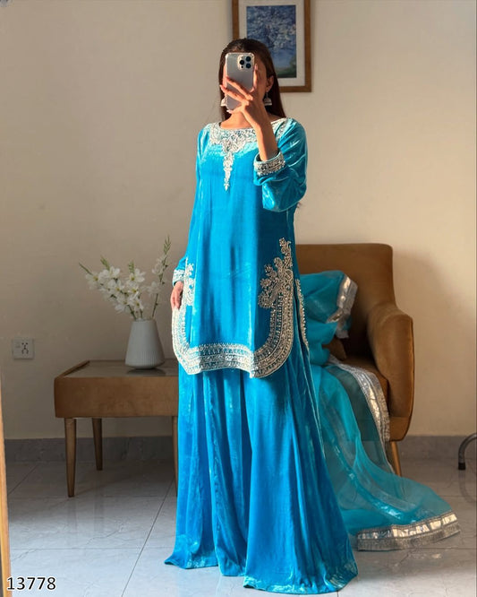 New Designer Embroidered Viscose Velvet Top Palazzo Dupatta Set with Sequence Work | Ready to Wear Party & Festive Wear