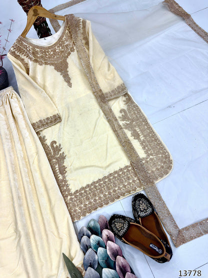 New Designer Embroidered Viscose Velvet Top Palazzo Dupatta Set with Sequence Work | Ready to Wear Party & Festive Wear