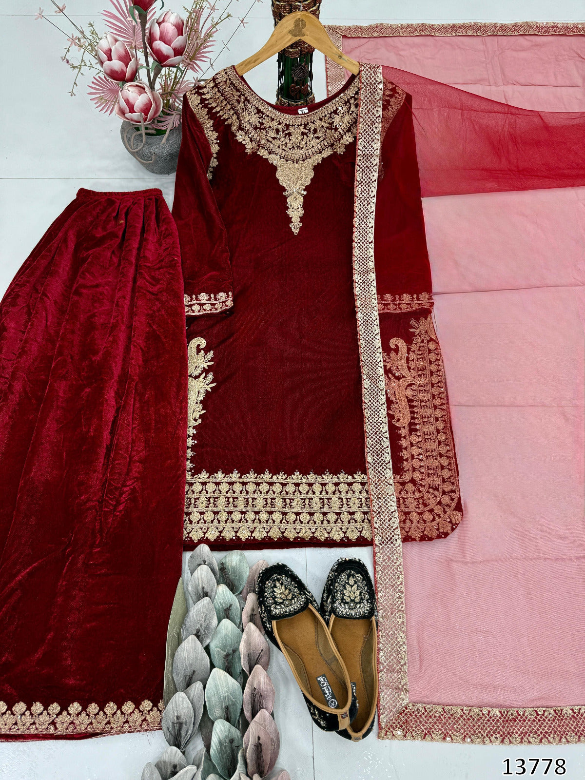New Designer Embroidered Viscose Velvet Top Palazzo Dupatta Set with Sequence Work | Ready to Wear Party & Festive Wear