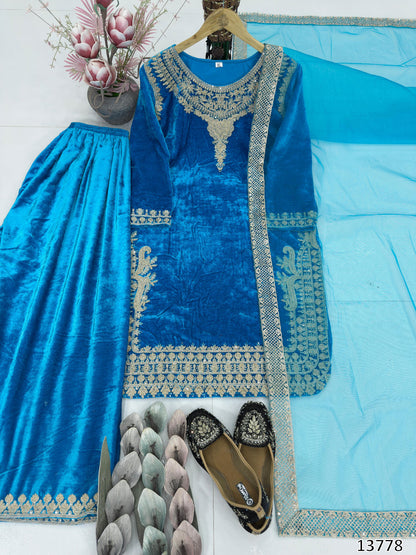 New Designer Embroidered Viscose Velvet Top Palazzo Dupatta Set with Sequence Work | Ready to Wear Party & Festive Wear