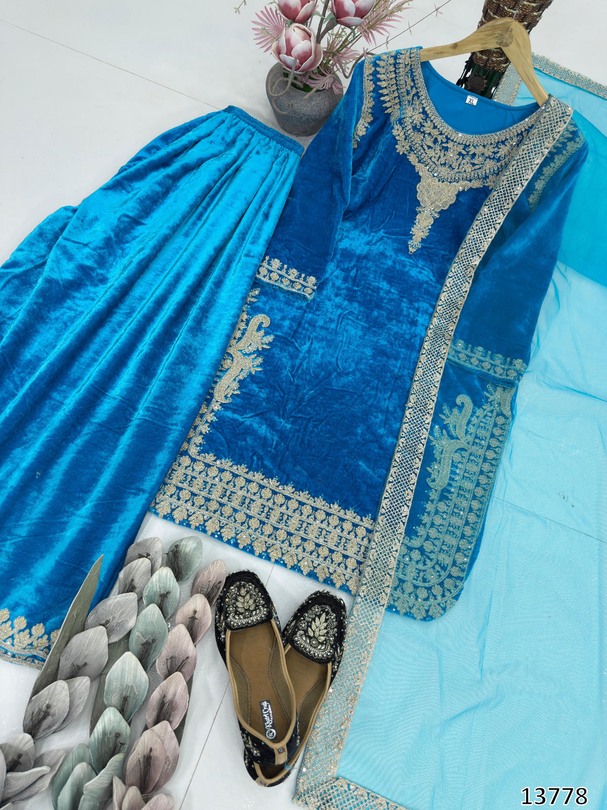 New Designer Embroidered Viscose Velvet Top Palazzo Dupatta Set with Sequence Work | Ready to Wear Party & Festive Wear