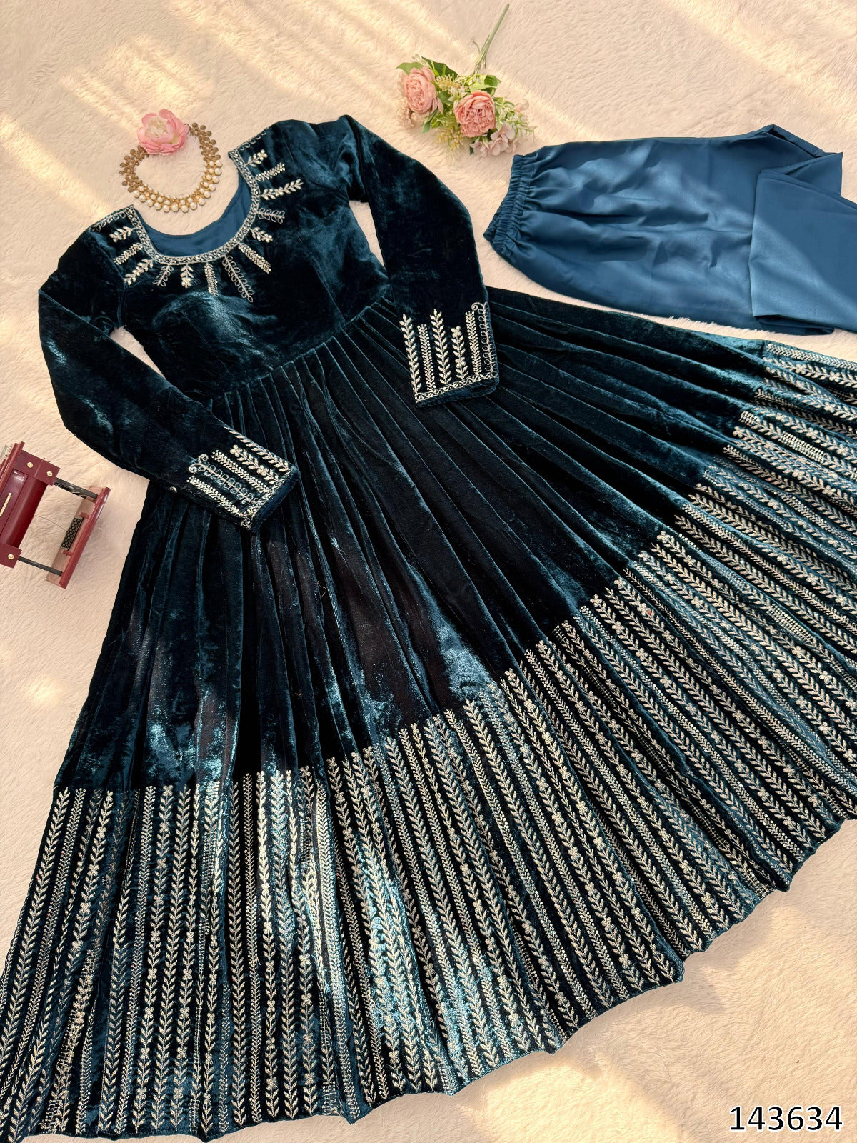 Viscose Velvet Embroidered Anarkali Suit with Pant | Thread & Sequin Work | Fully Stitched Festive & Wedding Wear