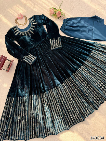 Viscose Velvet Embroidered Anarkali Suit with Pant | Thread & Sequin Work | Fully Stitched Festive & Wedding Wear