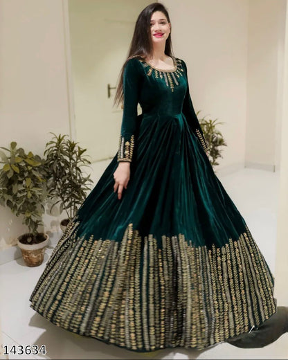 Viscose Velvet Embroidered Anarkali Suit with Pant | Thread & Sequin Work | Fully Stitched Festive & Wedding Wear