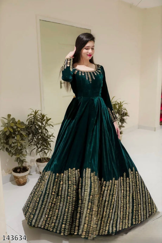 Viscose Velvet Embroidered Anarkali Suit with Pant | Thread & Sequin Work | Fully Stitched Festive & Wedding Wear
